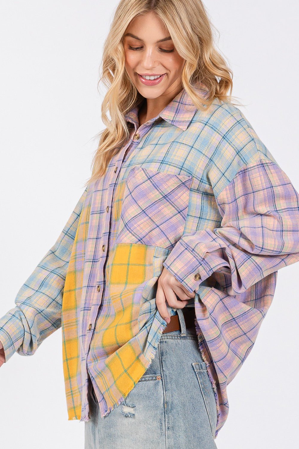 SAGE+FIG - Button Up Raw Hem Plaid Flannel Shirt in Lavender