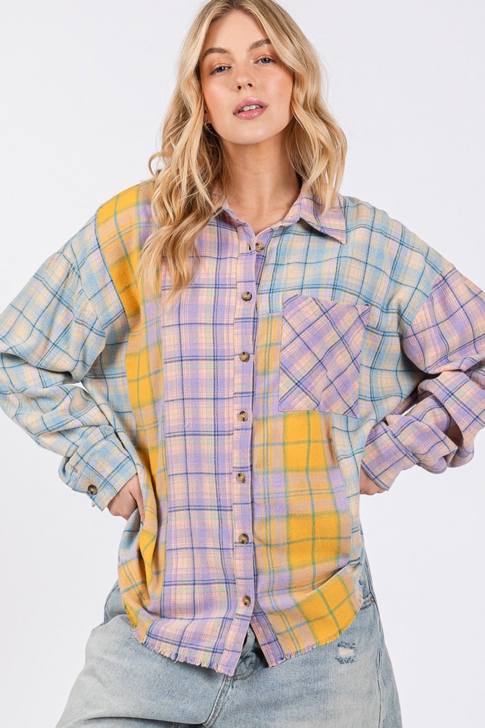 SAGE+FIG - Button Up Raw Hem Plaid Flannel Shirt in Lavender