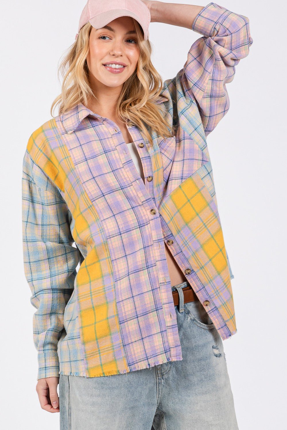 SAGE+FIG - Button Up Raw Hem Plaid Flannel Shirt in Lavender