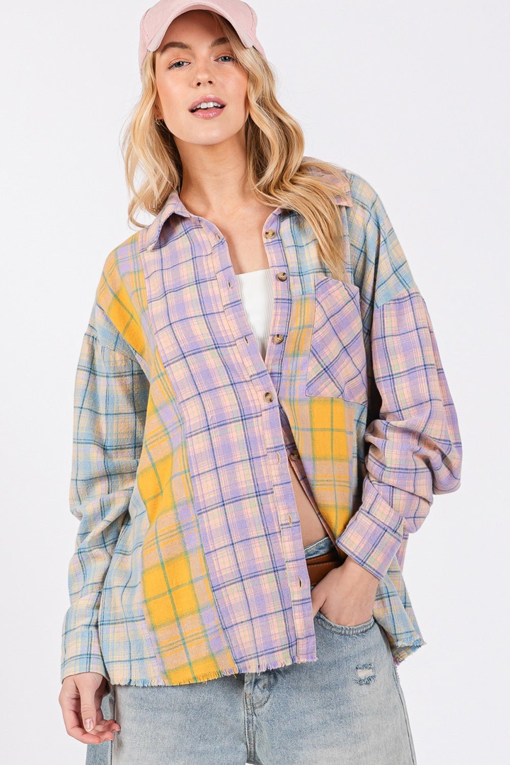 SAGE+FIG - Button Up Raw Hem Plaid Flannel Shirt in Lavender