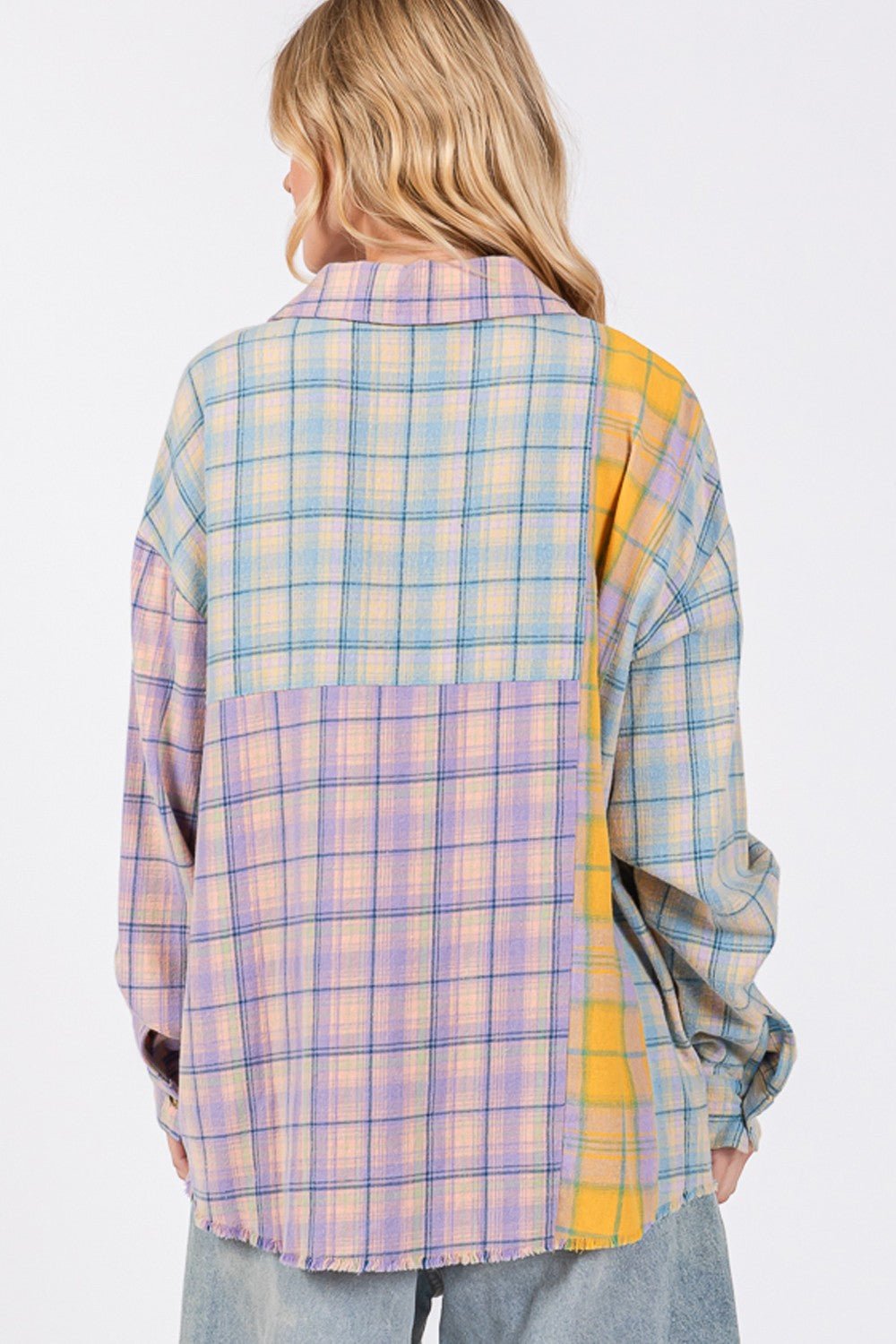 SAGE+FIG - Button Up Raw Hem Plaid Flannel Shirt in Lavender