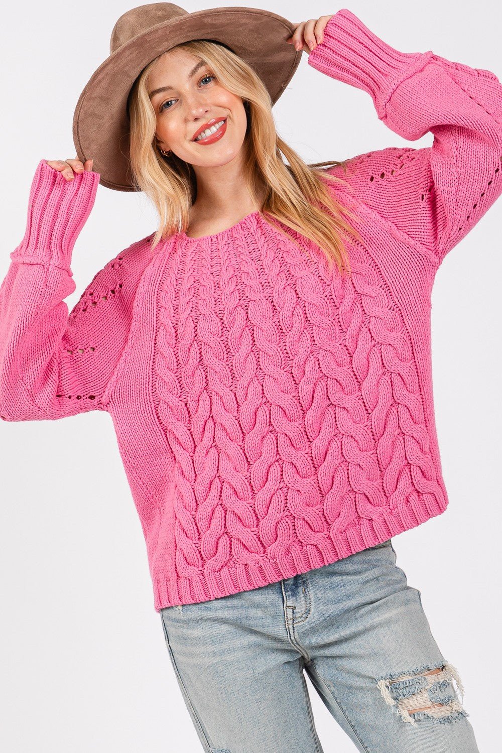 SAGE+FIG - Cable - Knit Long Sleeve Sweater in Deep Pink