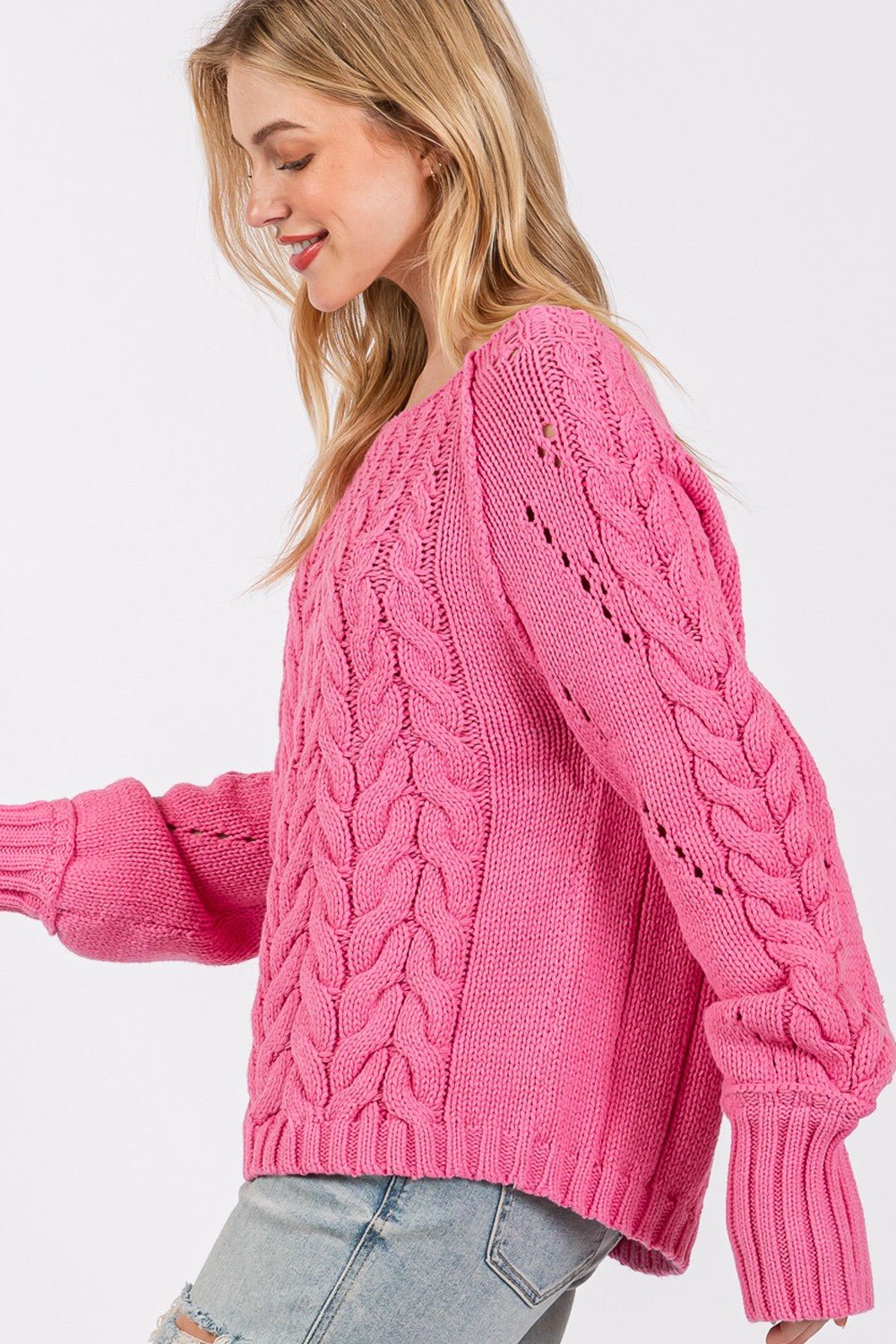 SAGE+FIG - Cable - Knit Long Sleeve Sweater in Deep Pink