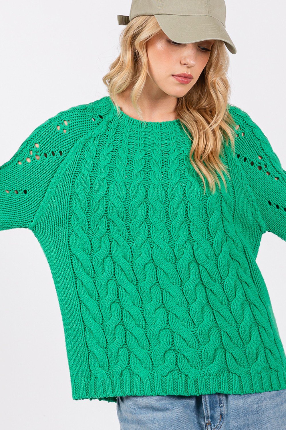 SAGE+FIG - Cable - Knit Long Sleeve Sweater in Emerald