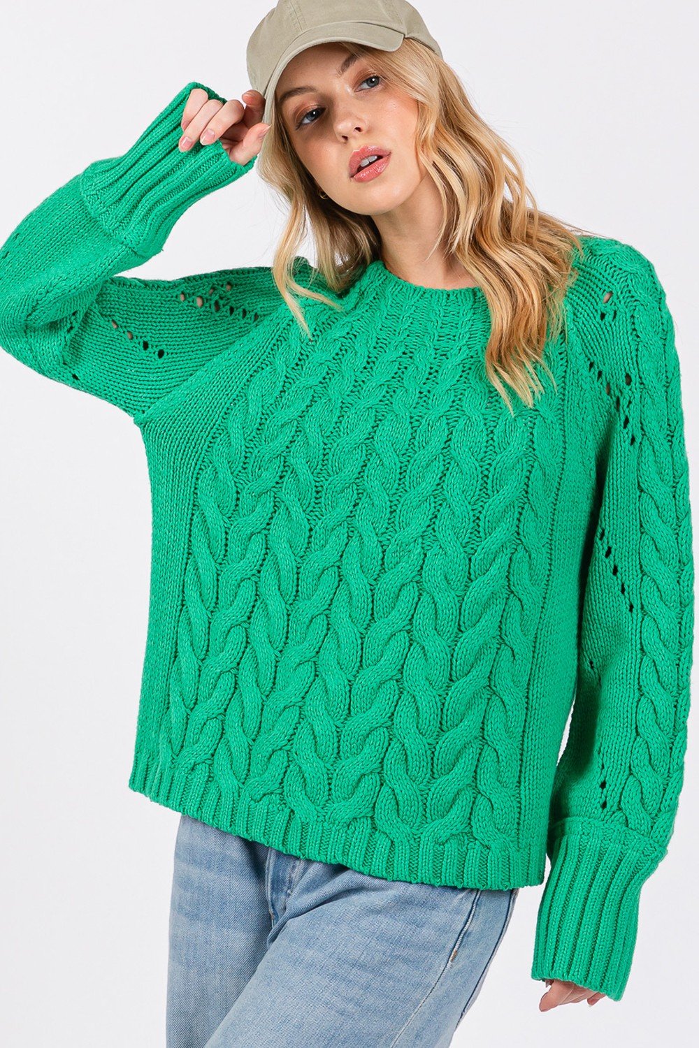 SAGE+FIG - Cable - Knit Long Sleeve Sweater in Emerald