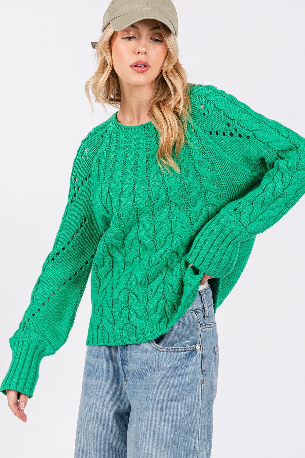 SAGE+FIG - Cable - Knit Long Sleeve Sweater in Emerald