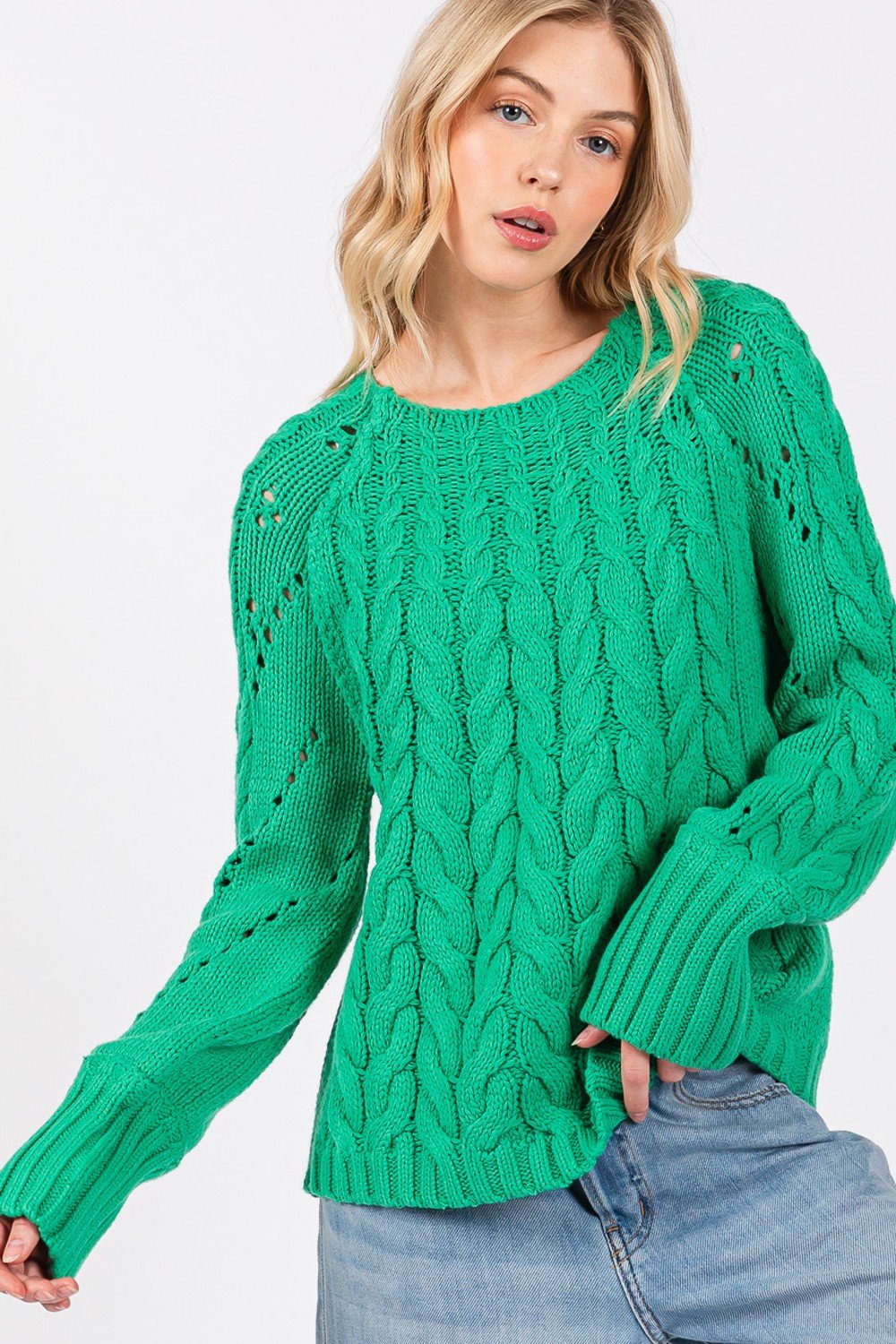 SAGE+FIG - Cable - Knit Long Sleeve Sweater in Emerald