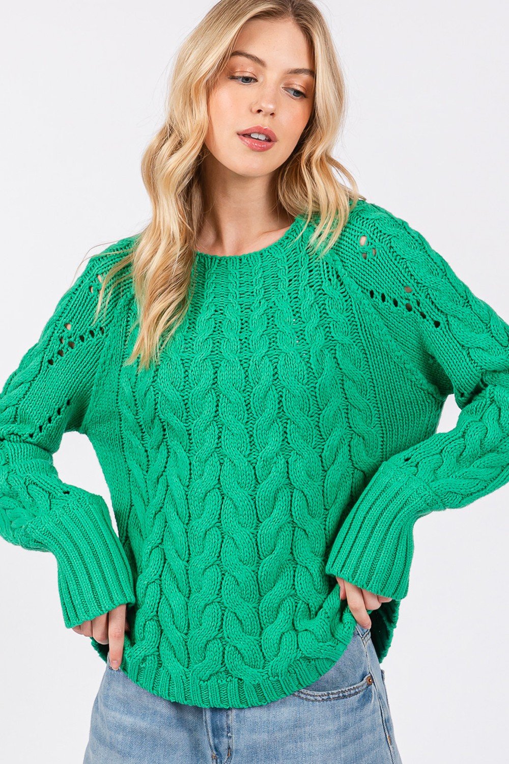 SAGE+FIG - Cable - Knit Long Sleeve Sweater in Emerald