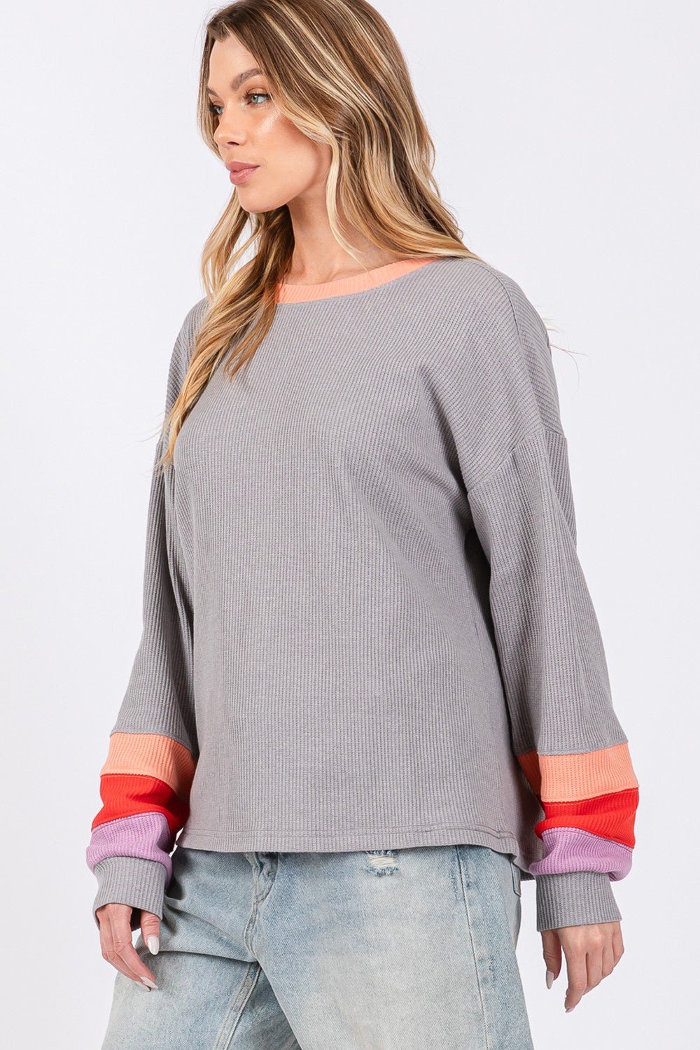 SAGE+FIG - Color Block Waffle Knit Long Sleeve T - Shirt in Grey