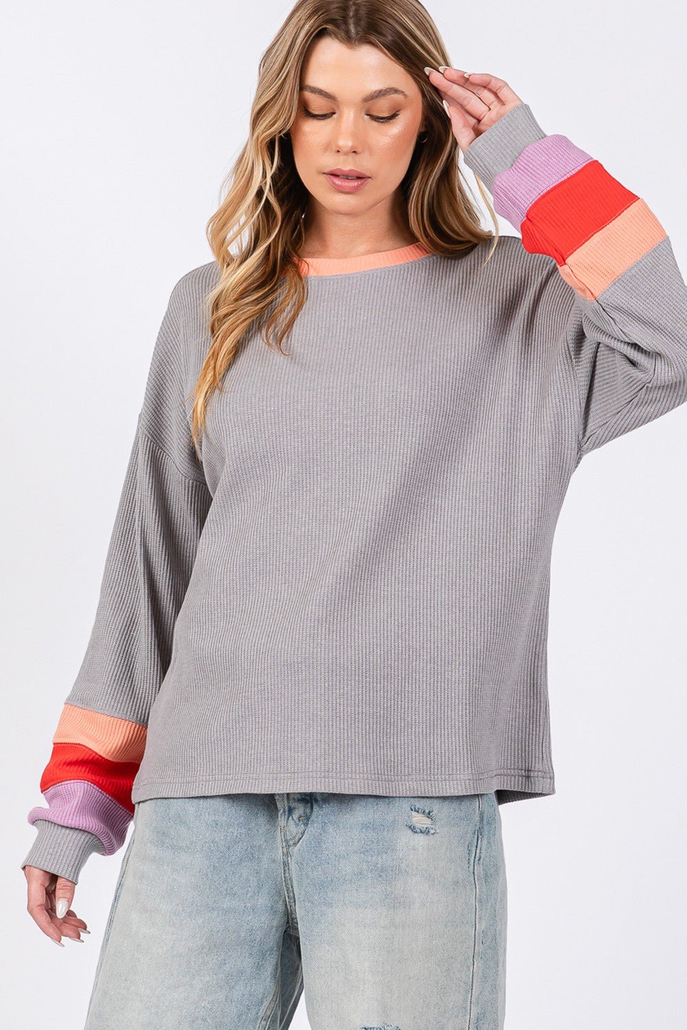 SAGE+FIG - Color Block Waffle Knit Long Sleeve T - Shirt in Grey