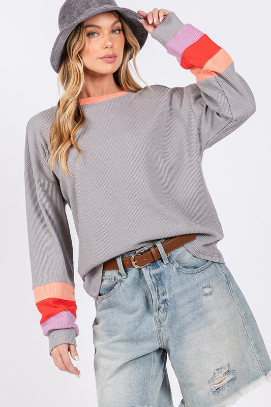 SAGE+FIG - Color Block Waffle Knit Long Sleeve T - Shirt in Grey