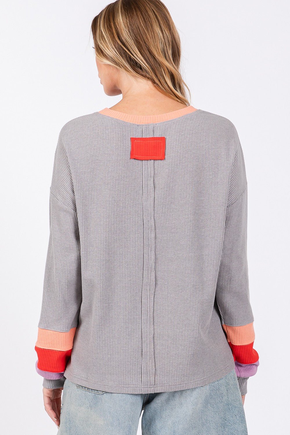 SAGE+FIG - Color Block Waffle Knit Long Sleeve T - Shirt in Grey