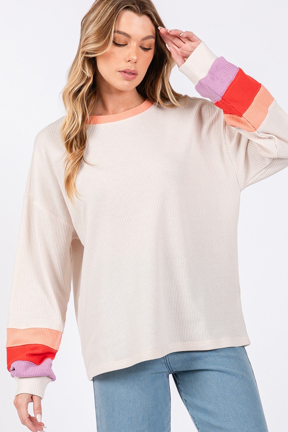 SAGE+FIG - Color Block Waffle Knit Long Sleeve T - Shirt in Sand