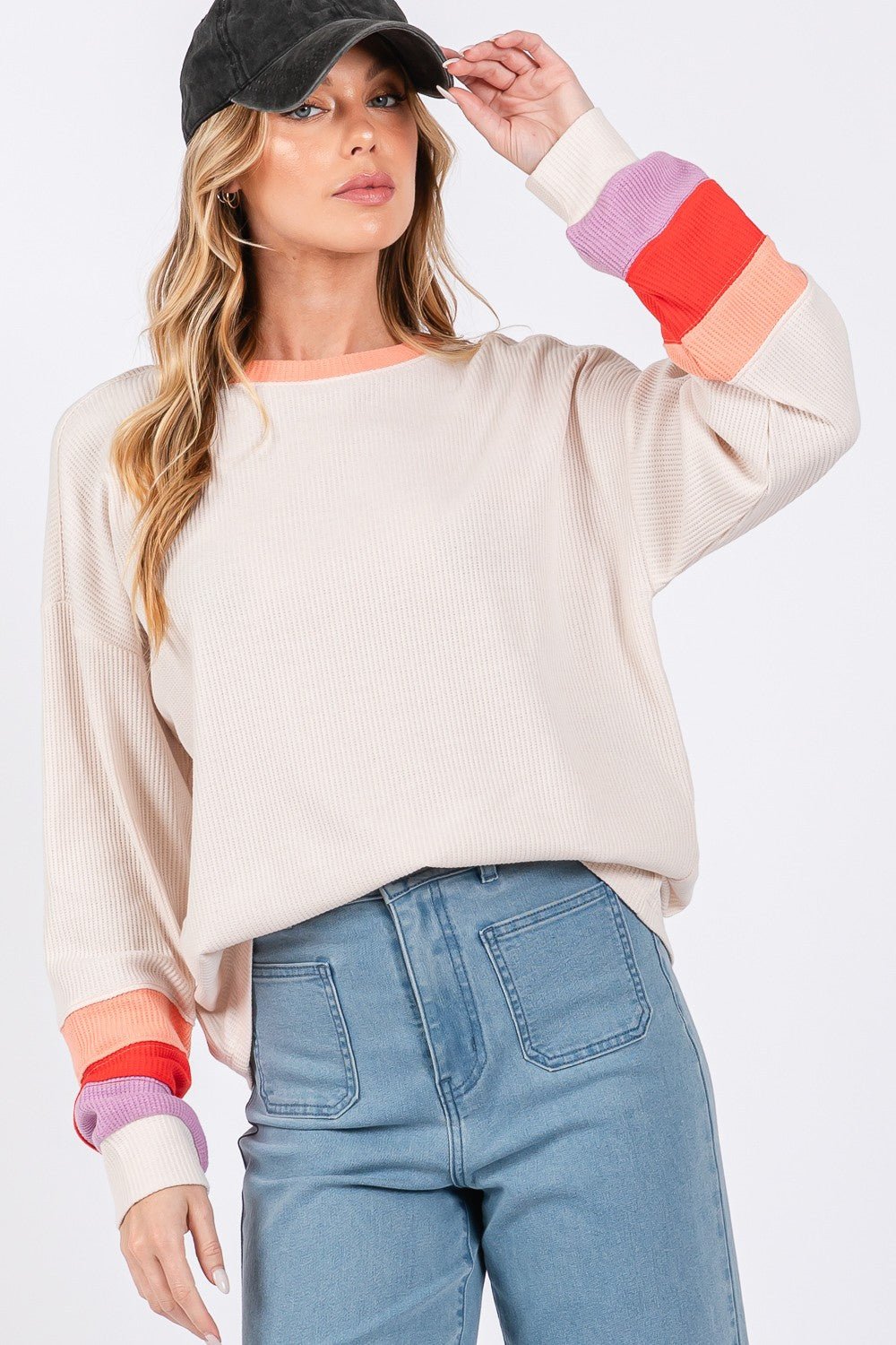 SAGE+FIG - Color Block Waffle Knit Long Sleeve T - Shirt in Sand