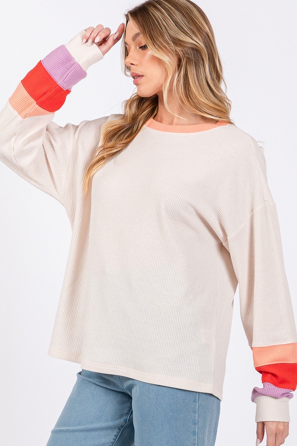 SAGE+FIG - Color Block Waffle Knit Long Sleeve T - Shirt in Sand