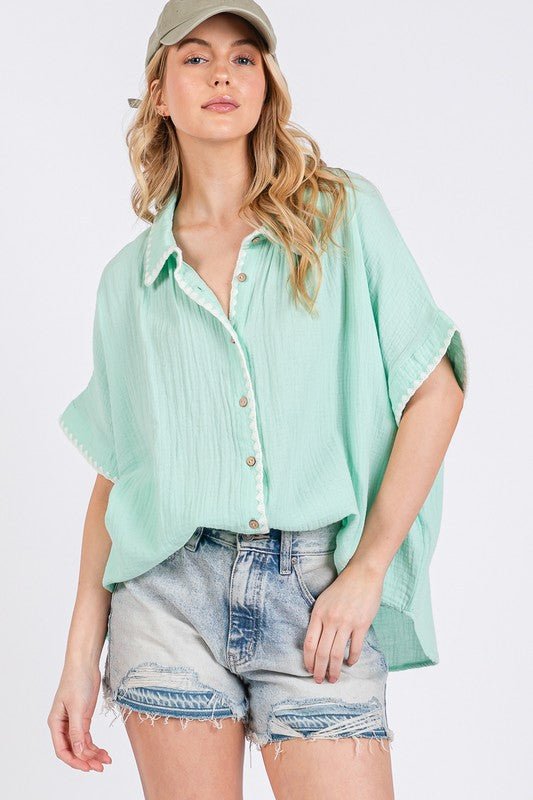 SAGE+FIG - Cotton Gauze Button - Up Shirt in Mint