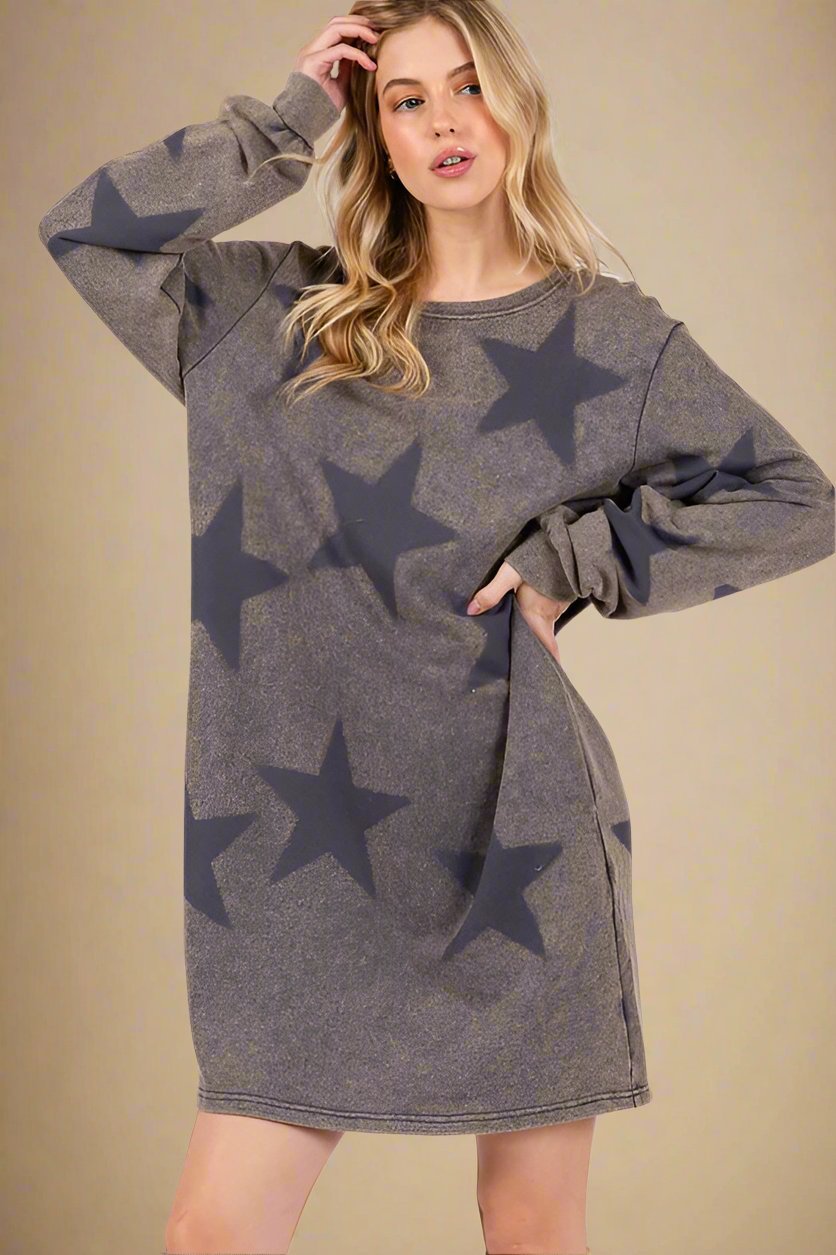 SAGE+FIG - Dark Gray Vintage Wash Star Pattern Mini Dress