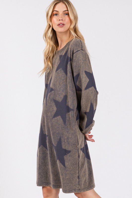 SAGE+FIG - Dark Gray Vintage Wash Star Pattern Mini Dress