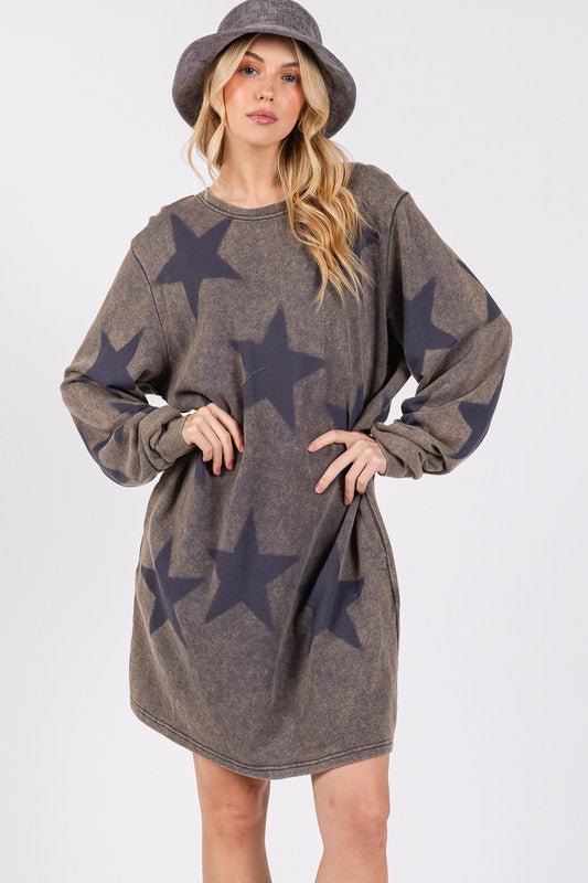 SAGE+FIG - Dark Gray Vintage Wash Star Pattern Mini Dress