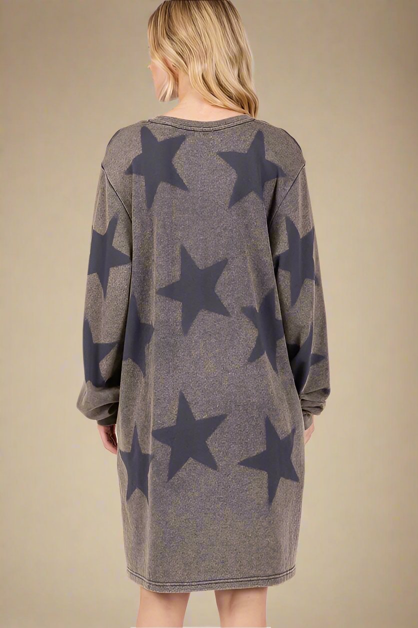 SAGE+FIG - Dark Gray Vintage Wash Star Pattern Mini Dress