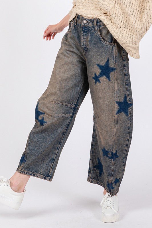 SAGE+FIG - Dark Wash Star Pattern Barrel Jeans