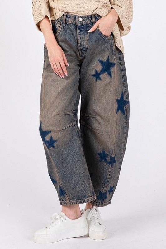 SAGE+FIG - Dark Wash Star Pattern Barrel Jeans