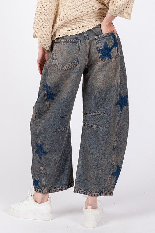 SAGE+FIG - Dark Wash Star Pattern Barrel Jeans