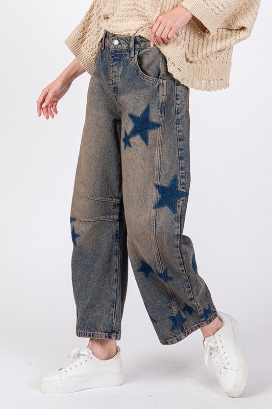 SAGE+FIG - Dark Wash Star Pattern Barrel Jeans