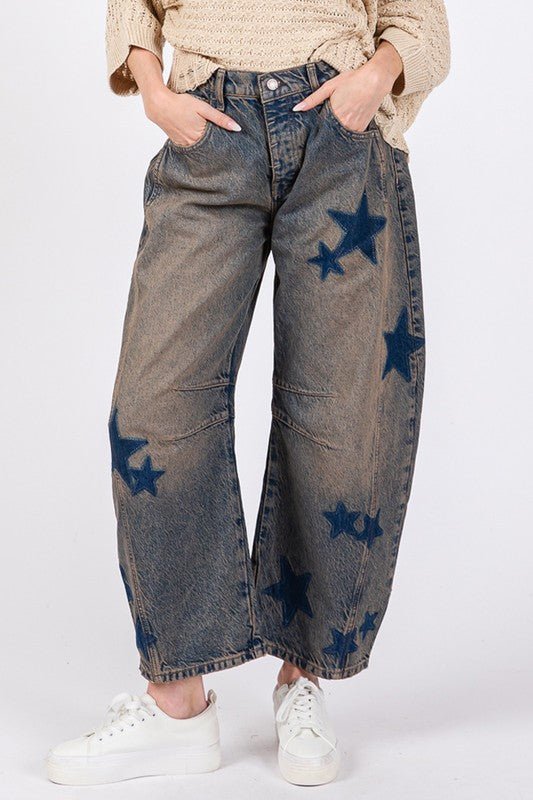 SAGE+FIG - Dark Wash Star Pattern Barrel Jeans