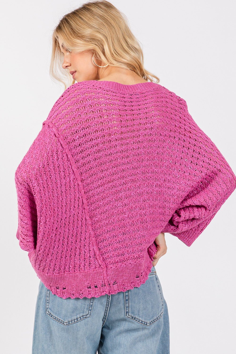 SAGE+FIG - Distressed Batwing Sleeve Sweater in Magenta