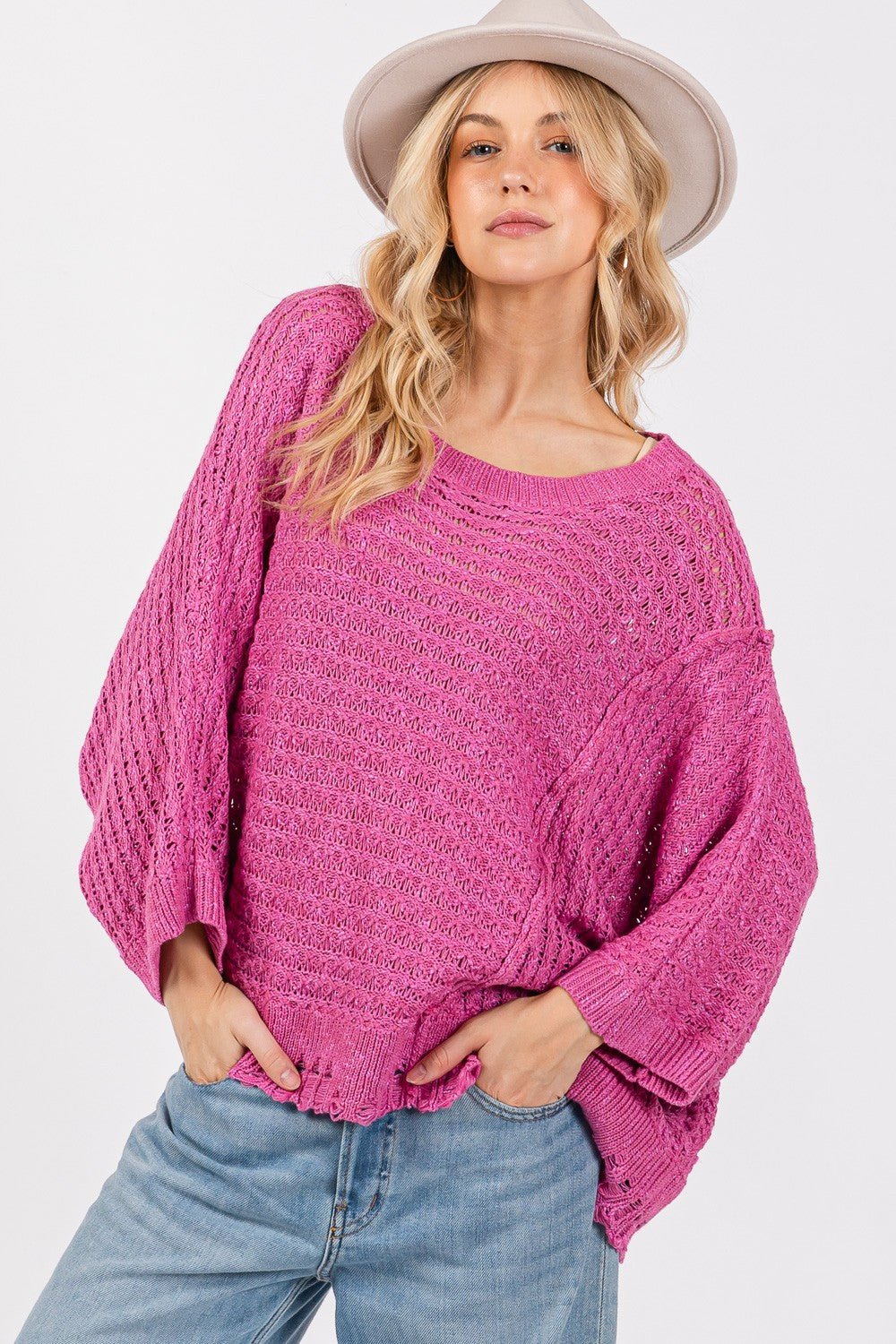 SAGE+FIG - Distressed Batwing Sleeve Sweater in Magenta