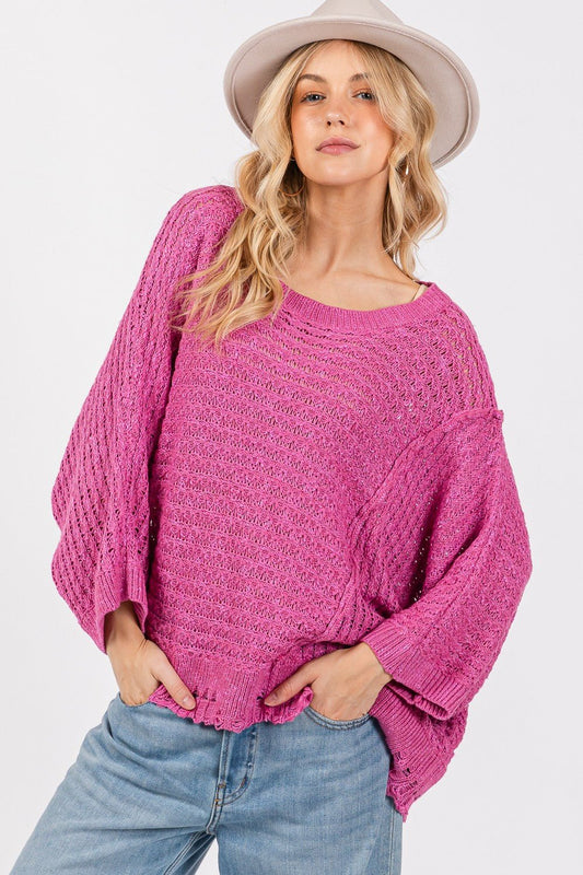 SAGE+FIG - Distressed Batwing Sleeve Sweater in Magenta