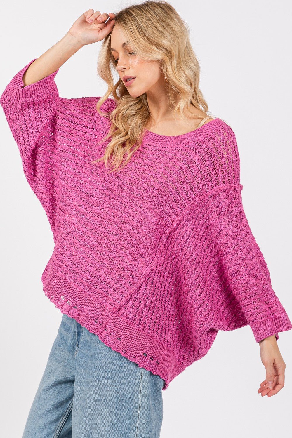 SAGE+FIG - Distressed Batwing Sleeve Sweater in Magenta