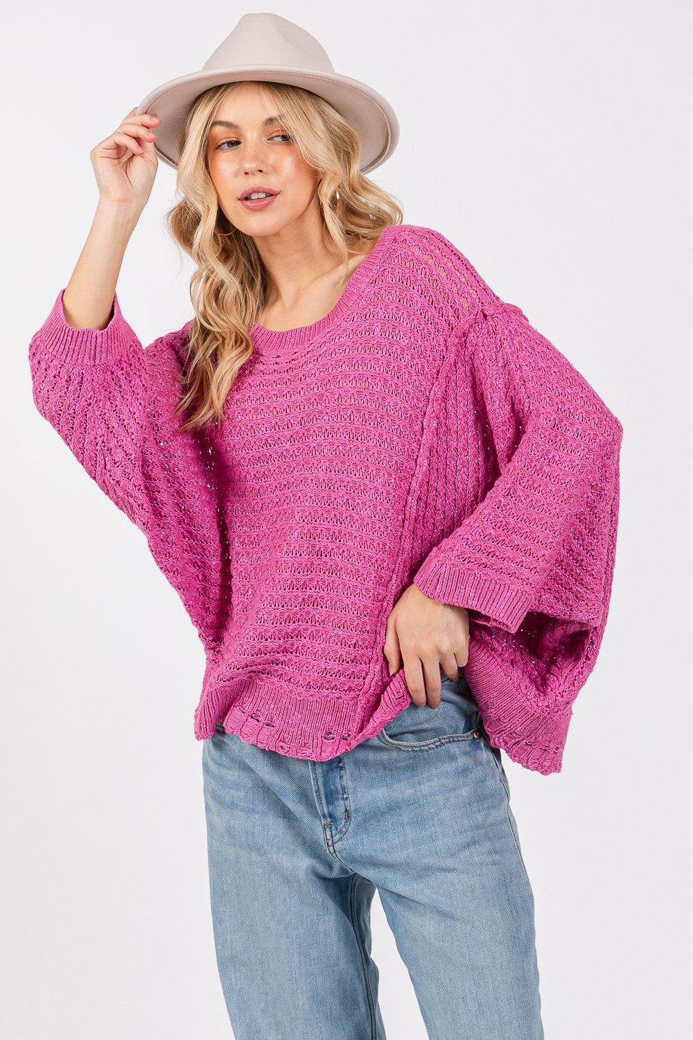 SAGE+FIG - Distressed Batwing Sleeve Sweater in Magenta