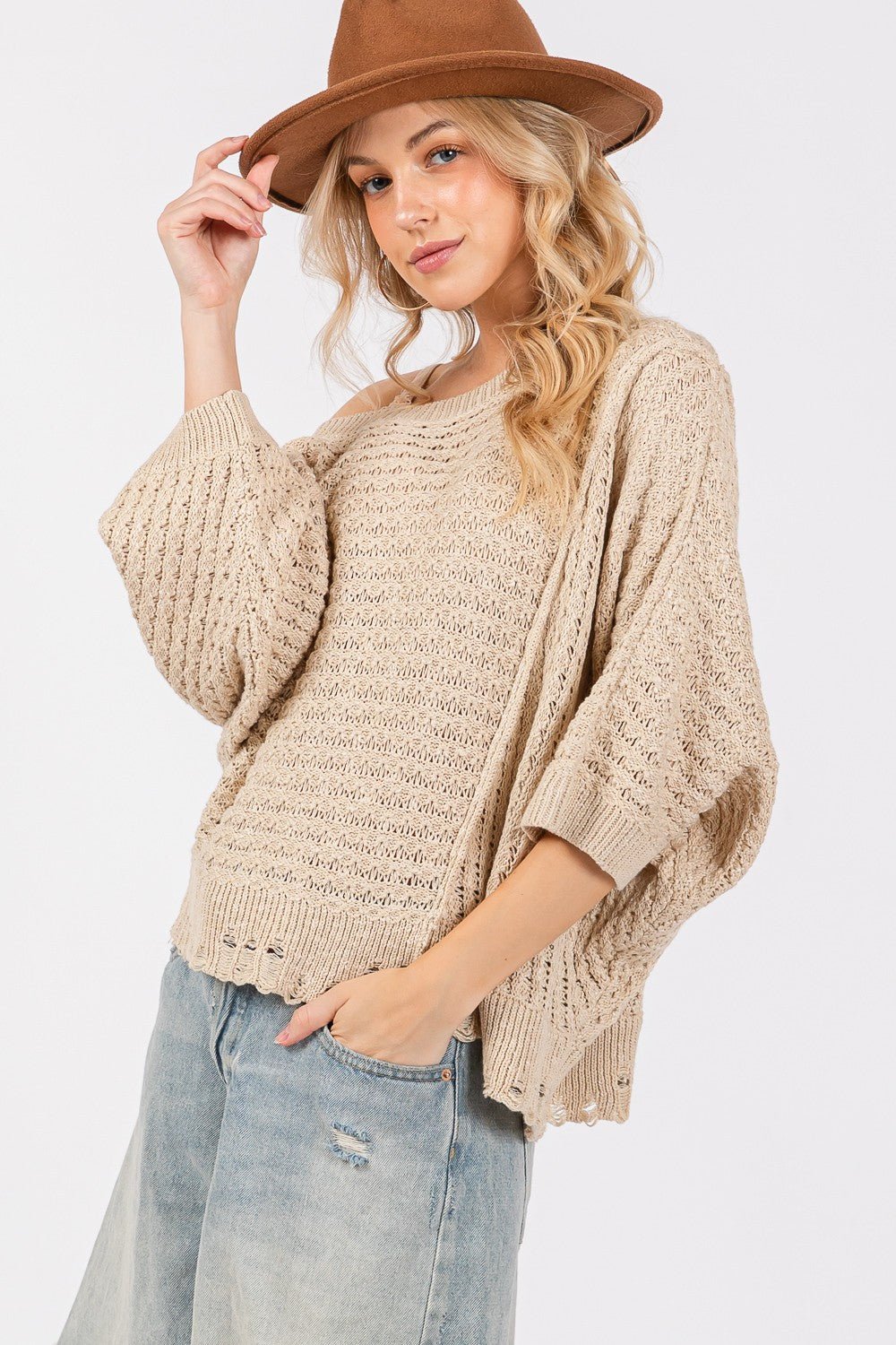 SAGE+FIG - Distressed Batwing Sleeve Sweater in Mushroom