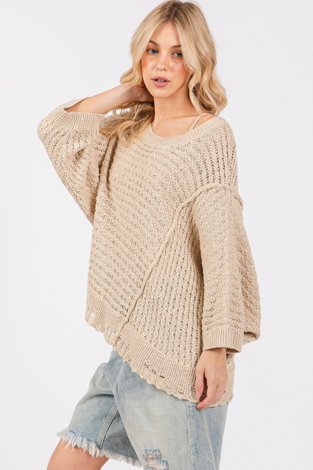 SAGE+FIG - Distressed Batwing Sleeve Sweater in Mushroom