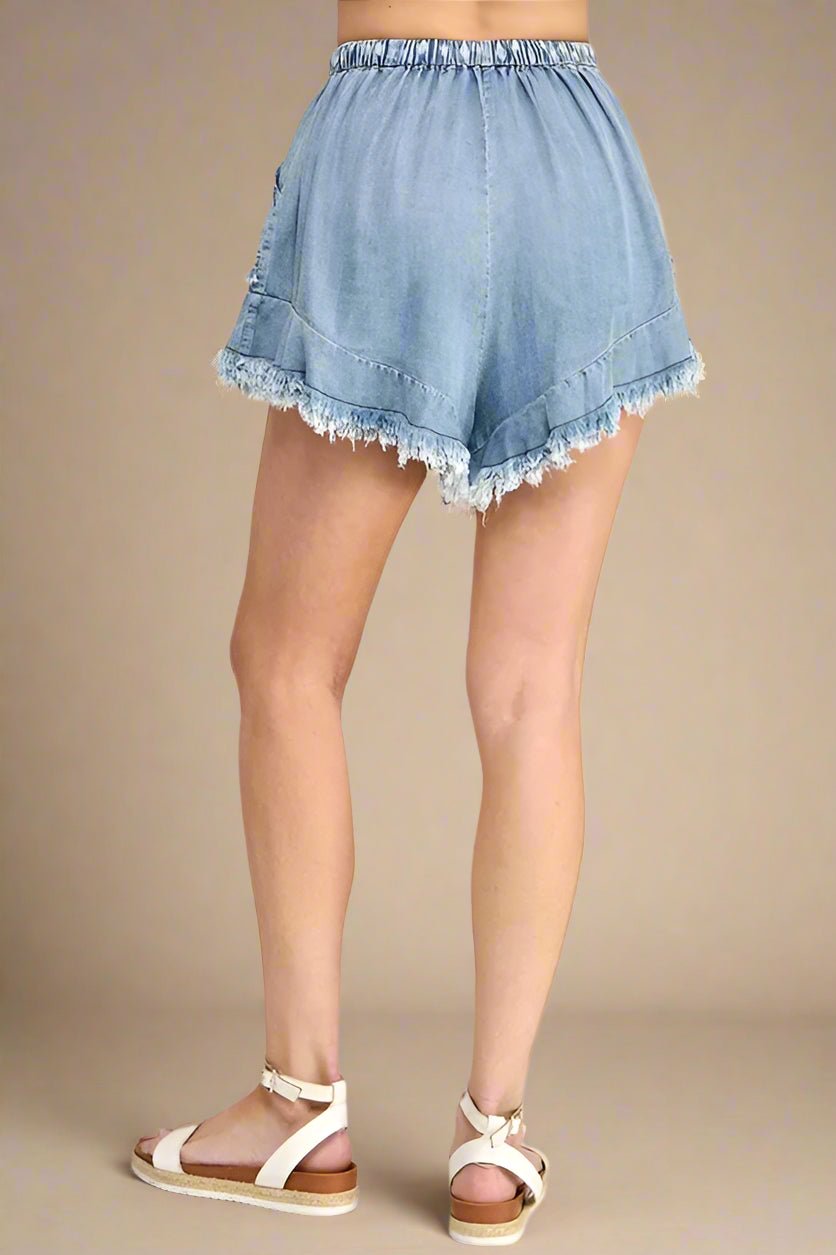 SAGE+FIG - Frayed Hem Washed Denim Drawstring Shorts