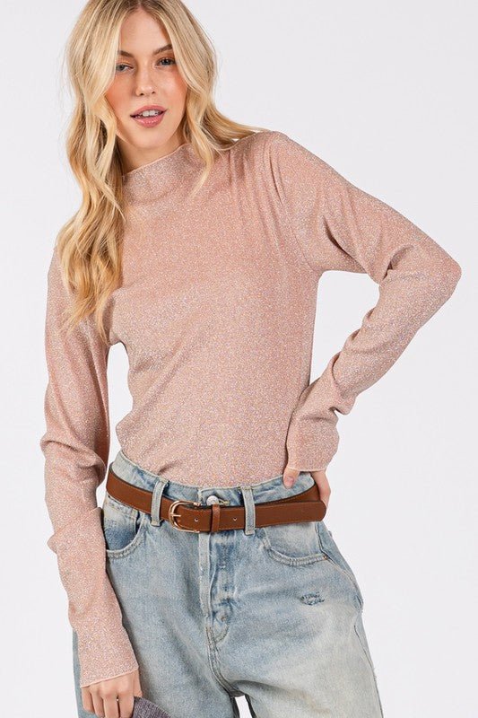 SAGE+FIG - Glittery Long Sleeve Mock Neck Top in Apricot