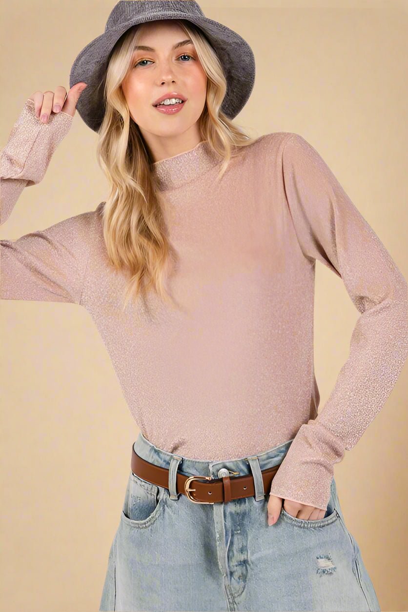 SAGE+FIG - Glittery Long Sleeve Mock Neck Top in Apricot