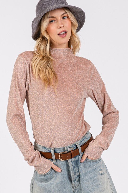 SAGE+FIG - Glittery Long Sleeve Mock Neck Top in Apricot