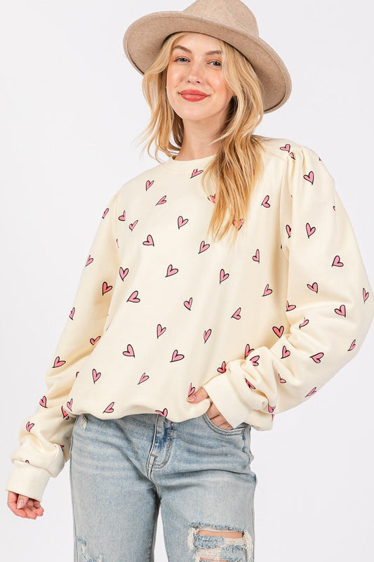 SAGE+FIG - Heart Print Long Sleeve Sweatshirt in Cream