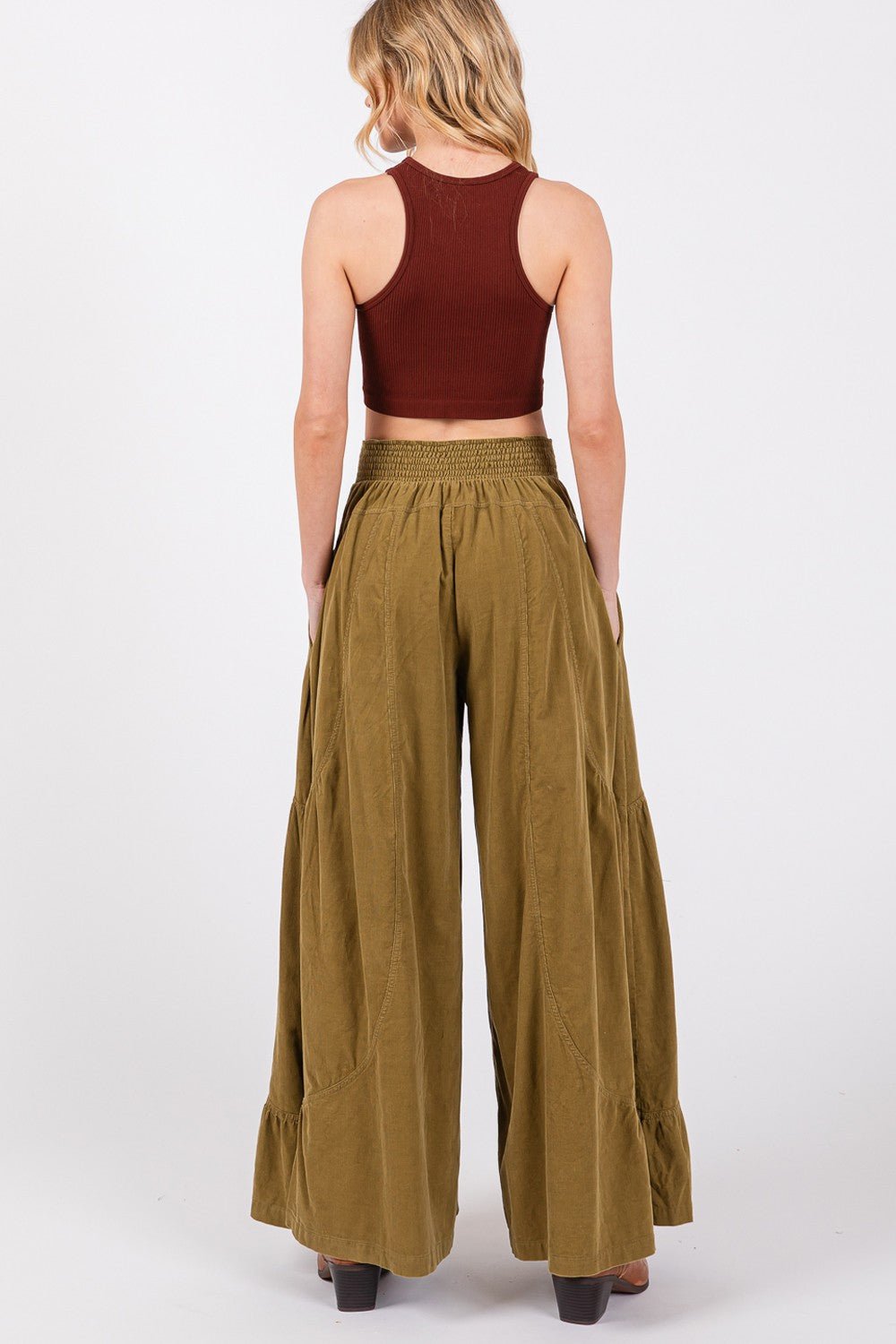 SAGE+FIG - High Rise Corduroy Wide Leg Pants in Olive Green