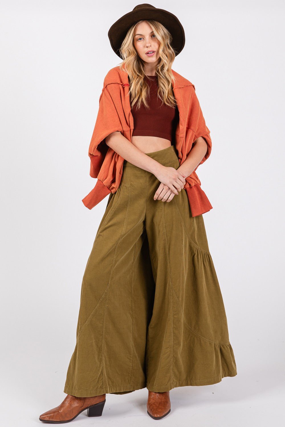 SAGE+FIG - High Rise Corduroy Wide Leg Pants in Olive Green