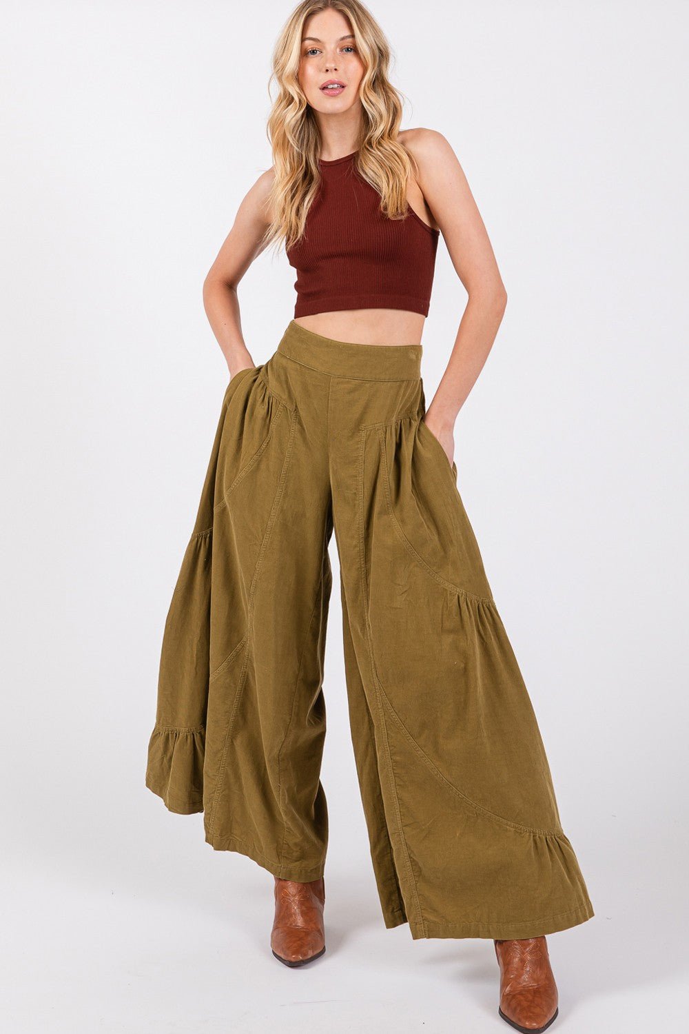 SAGE+FIG - High Rise Corduroy Wide Leg Pants in Olive Green