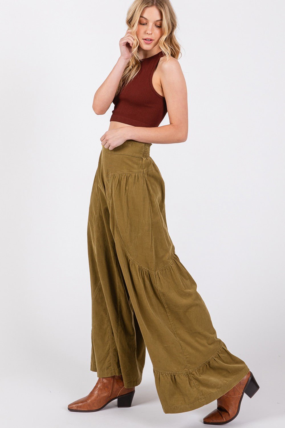 SAGE+FIG - High Rise Corduroy Wide Leg Pants in Olive Green