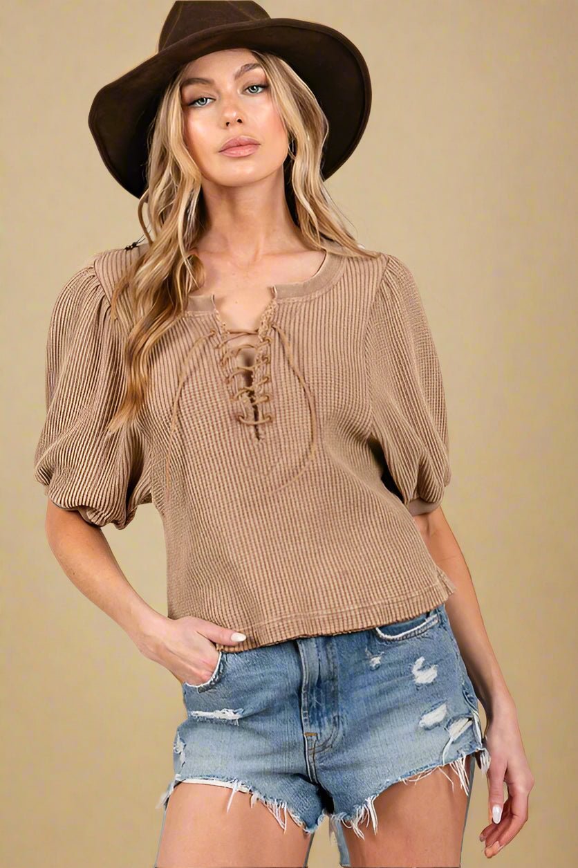 SAGE+FIG - Lace - Up Waffle Knit Crop Top in Camel