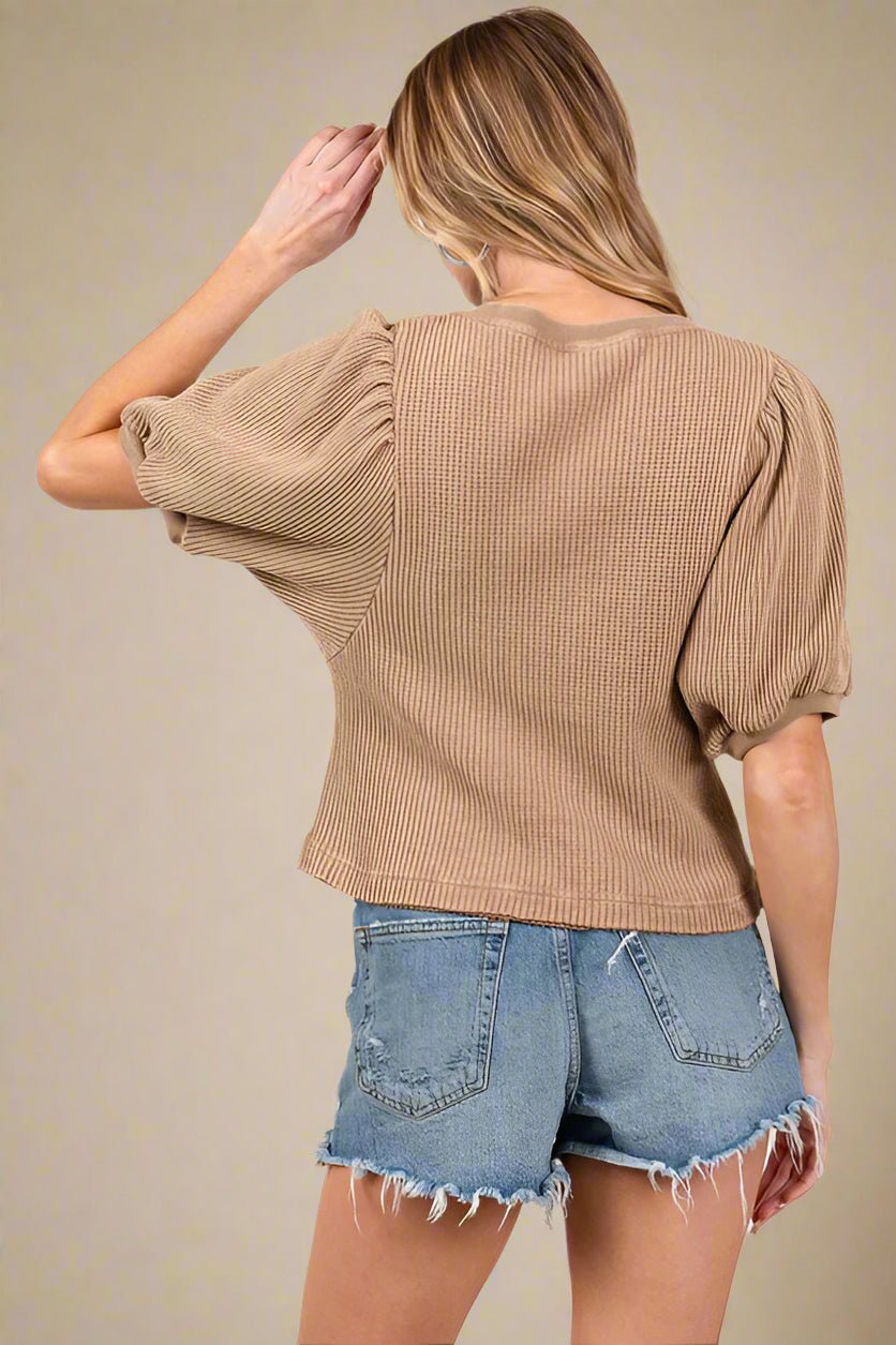 SAGE+FIG - Lace - Up Waffle Knit Crop Top in Camel