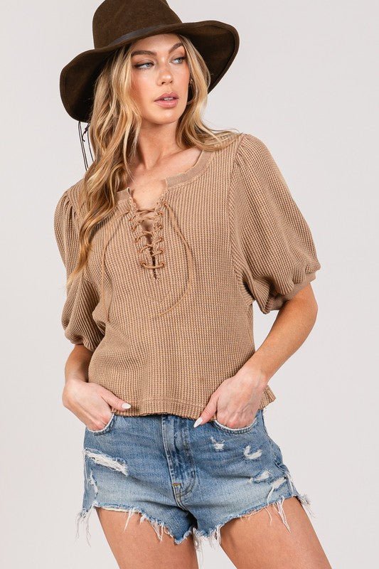 SAGE+FIG - Lace - Up Waffle Knit Crop Top in Camel