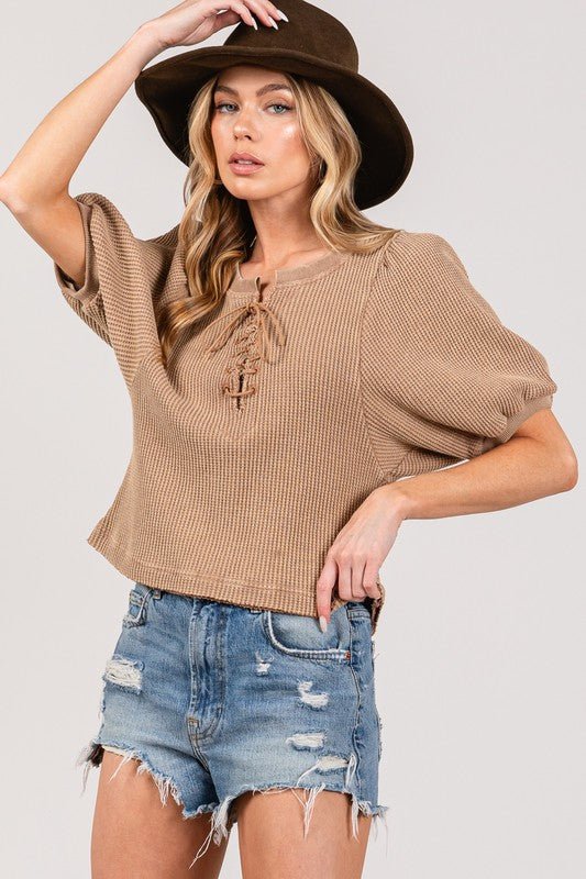 SAGE+FIG - Lace - Up Waffle Knit Crop Top in Camel