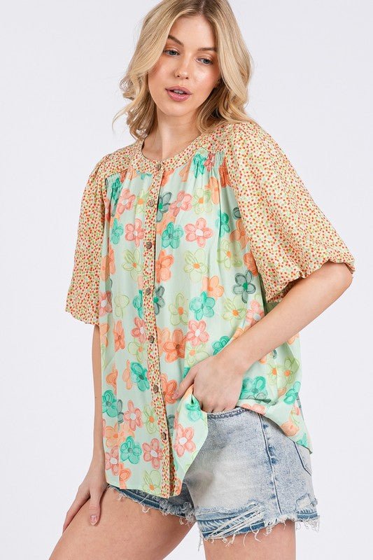SAGE+FIG - Light Green Button Down Bubble Sleeve Shirt